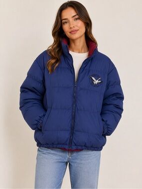 Triple F.A.T Goose Y2K 90s Navy Puffer Jacket with Red Lining | Size L
